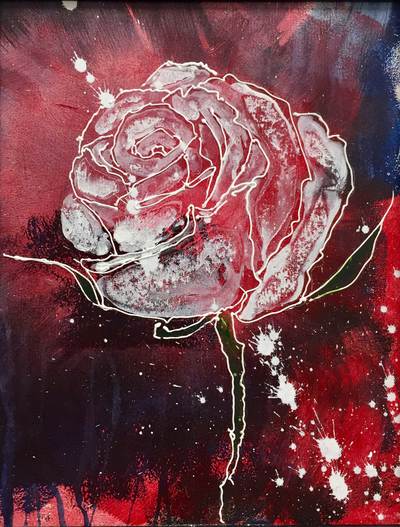 'Pink Rose on Blue'; Acrylic on canvas board, framed; 49 x 39 cm
