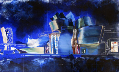 SOLD - Blueprint Series: Guggenheim, Bilbao; 45 x 75 cm; Acrylic & Oil on canvas board, framed; ©RoseLong