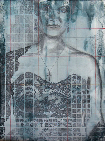 U/A - Gridlace; Acrylic and ink on canvas board, framed; 40 x 30 cm