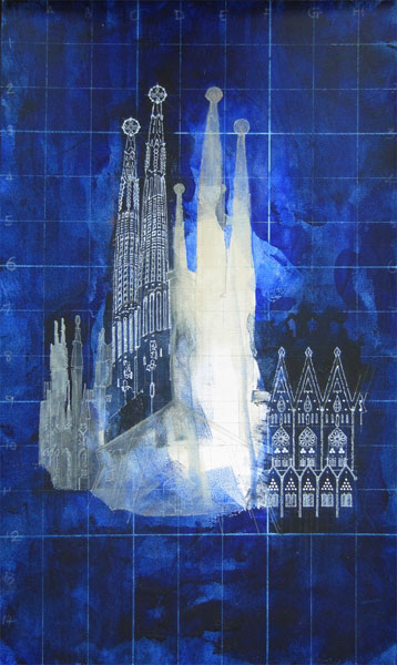 SOLD - Blueprint Series - Sagrada Familia, Barcelona; Acrylic & Oil on canvas board, framed; 75 x 45 cm; ©RoseLong