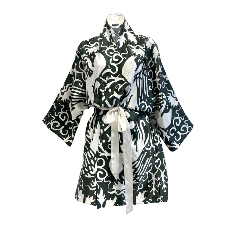 Silk kimono green and white with phoenix design